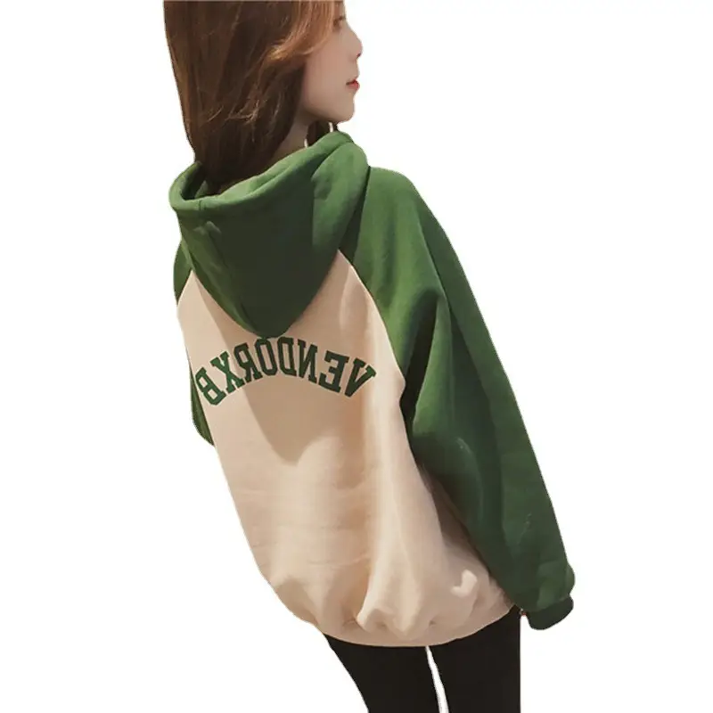 Women Velvet K-Style Hoodie Green Beige Long Sleeve - Image 7