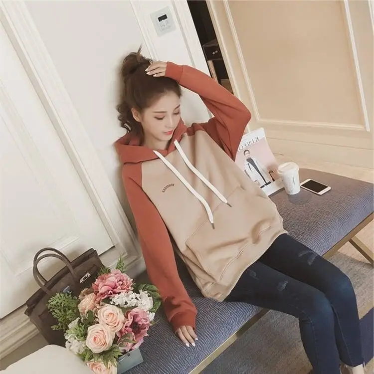 Women Velvet K-Style Hoodie Green Beige Long Sleeve - Image 2