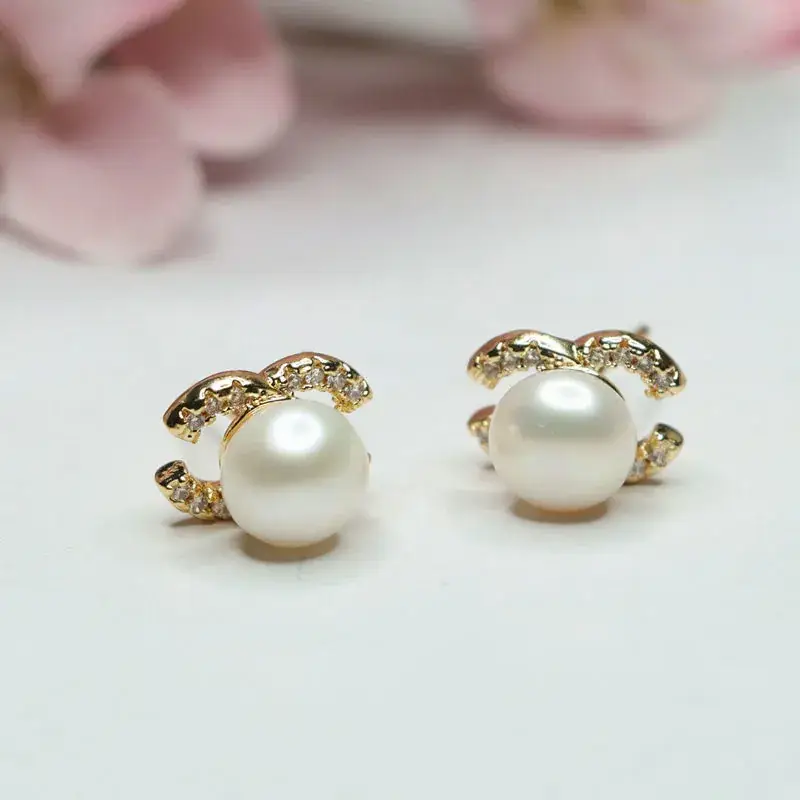 Women's Double Pearl Earrings S925 Gold Full Diamond Drop - Image 3