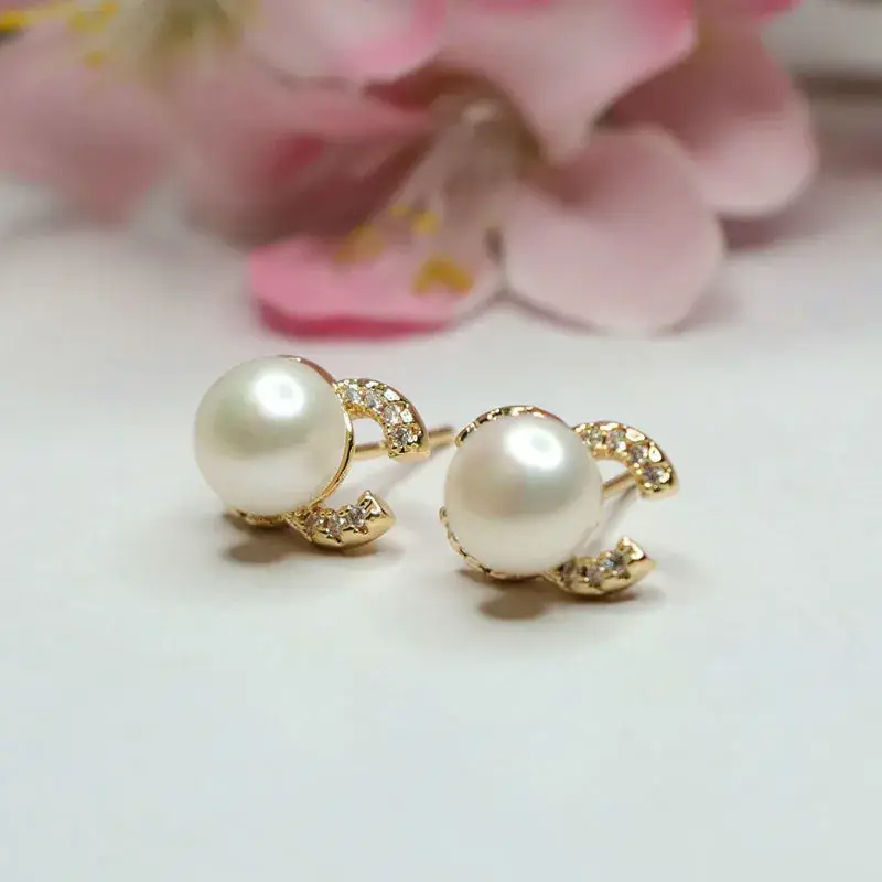 Women's Double Pearl Earrings S925 Gold Full Diamond Drop - Image 4