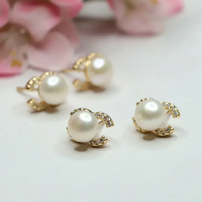 Women's Double Pearl Earrings S925 Gold Full Diamond Drop - Image 6