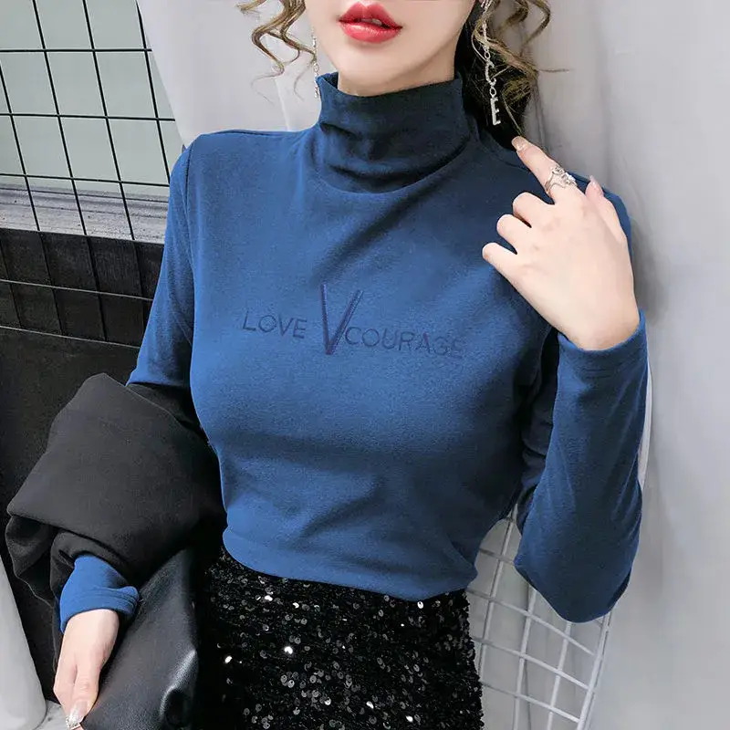 Women Velvet Half-Collar Top with Letter Embroidery Grey - Image 6