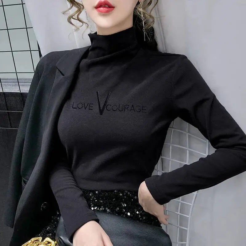 Women Velvet Half-Collar Top with Letter Embroidery Grey - Image 4