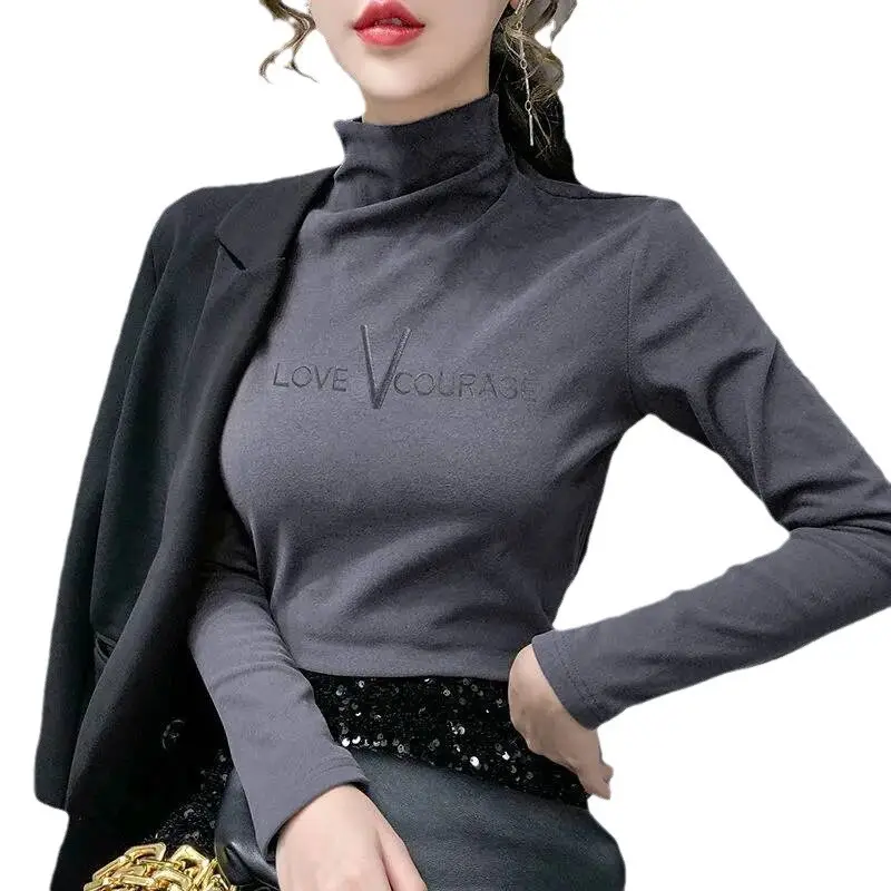 Women Velvet Half-Collar Top with Letter Embroidery Grey - Image 7
