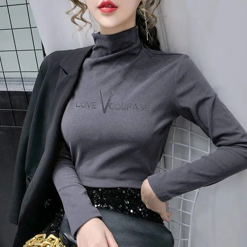 Women Velvet Half-Collar Top with Letter Embroidery Grey - Image 2