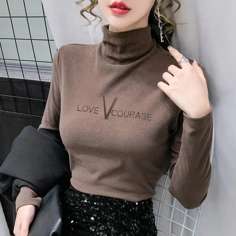 Women Velvet Half-Collar Top with Letter Embroidery Grey - Image 5