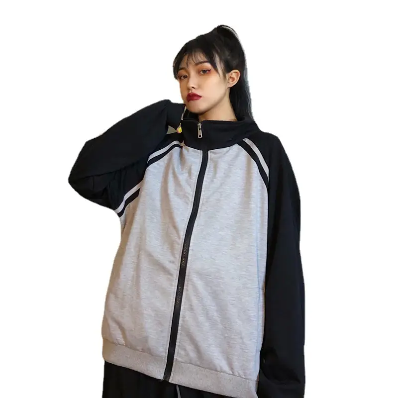 Women's Grey Black Zipper Jacket Cardigan Autumn Wear - Image 7