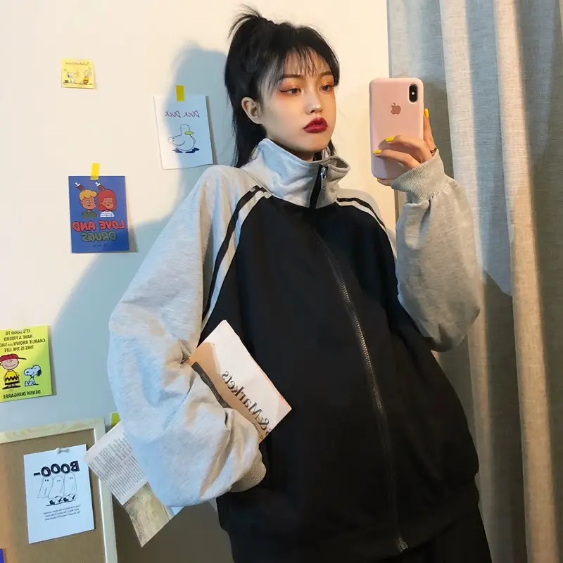 Women's Grey Black Zipper Jacket Cardigan Autumn Wear — feature 15