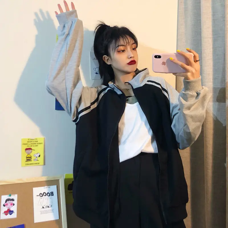 Women's Grey Black Zipper Jacket Cardigan Autumn Wear — feature 16