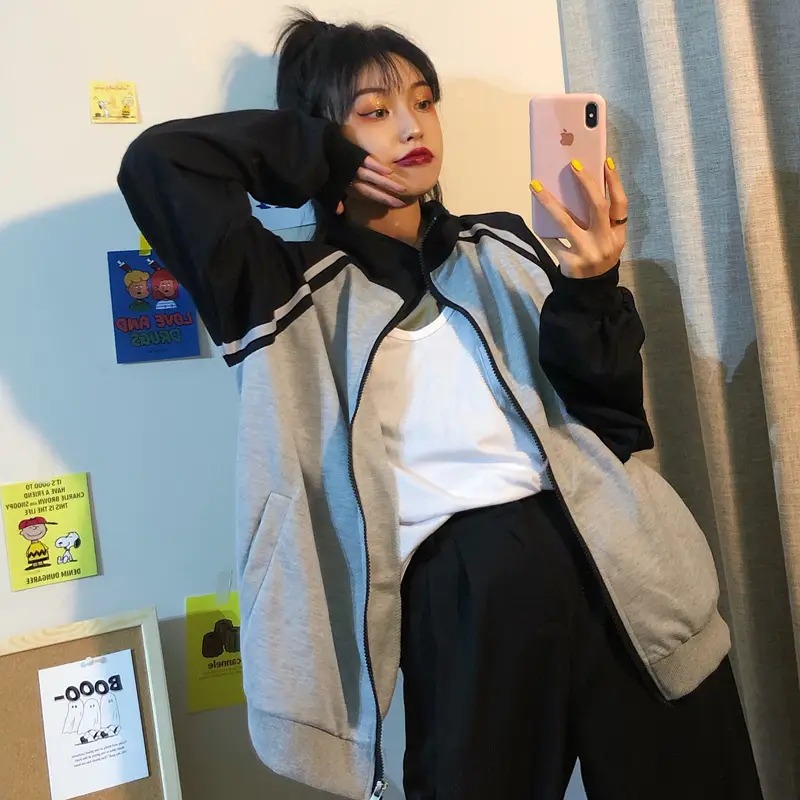 Women's Grey Black Zipper Jacket Cardigan Autumn Wear — feature 6