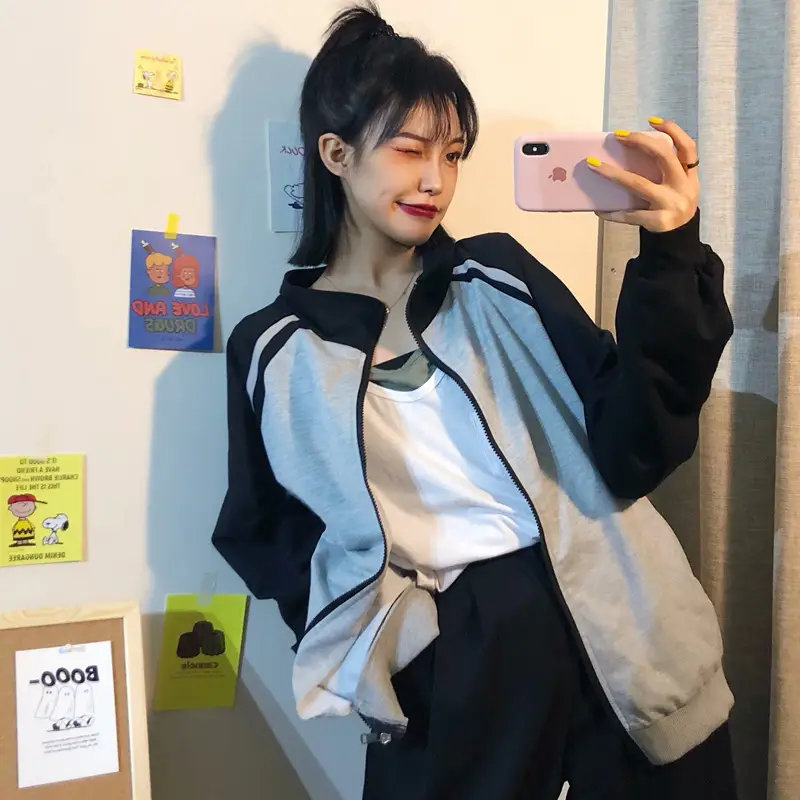 Women's Grey Black Zipper Jacket Cardigan Autumn Wear — feature 8
