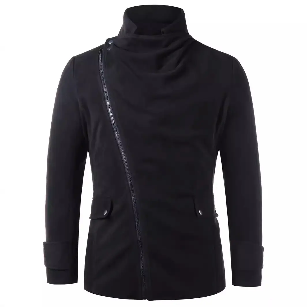 Men's Black Oblique Zipper Jacket with Card Collar - Image 3
