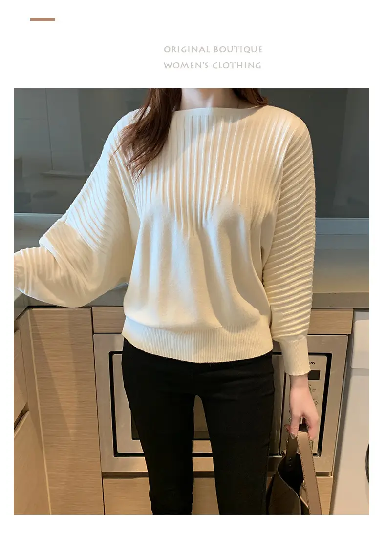 Women's Long Sleeve Knitted Sweater White Loose Lazy Style — feature 12
