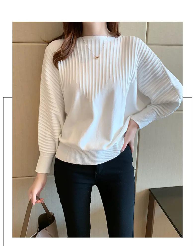 Women's Long Sleeve Knitted Sweater White Loose Lazy Style — feature 23
