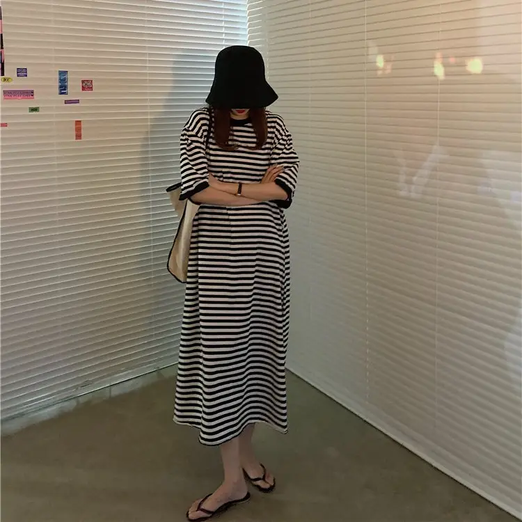 Striped Lazy Dress Long Belly Covering Slimming Dress Women 2024 New Plus Size Loose Over-the-Knee T-shirt Skirt Fashion - Image 7
