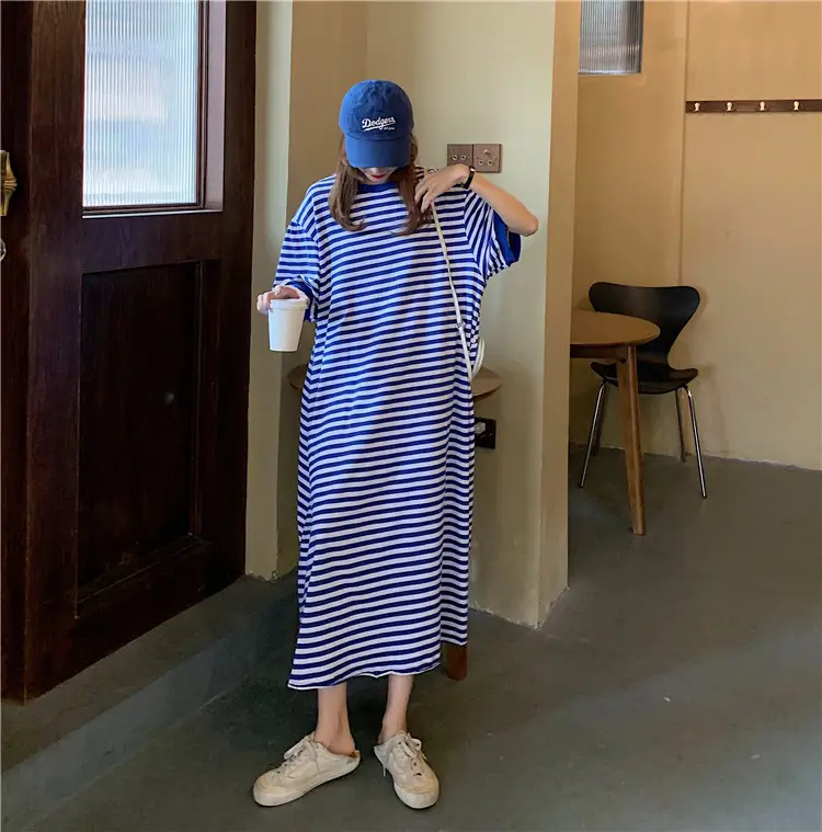 Striped Lazy Dress Long Belly Covering Slimming Dress Women 2024 New Plus Size Loose Over-the-Knee T-shirt Skirt Fashion - Image 2