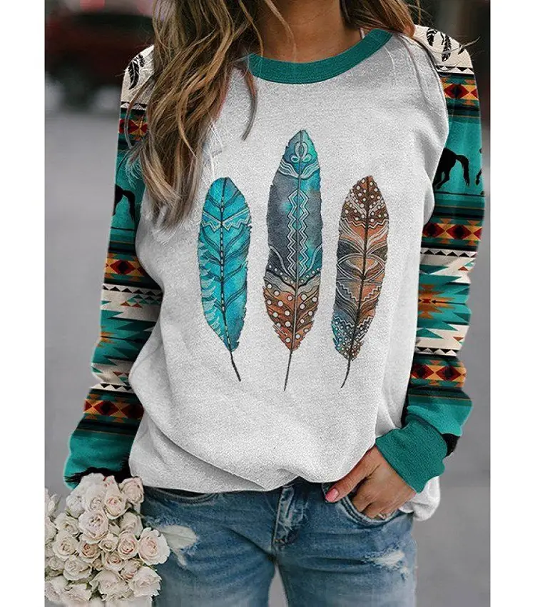 Women Long Sleeve Feather Print Sweater Grey Teal