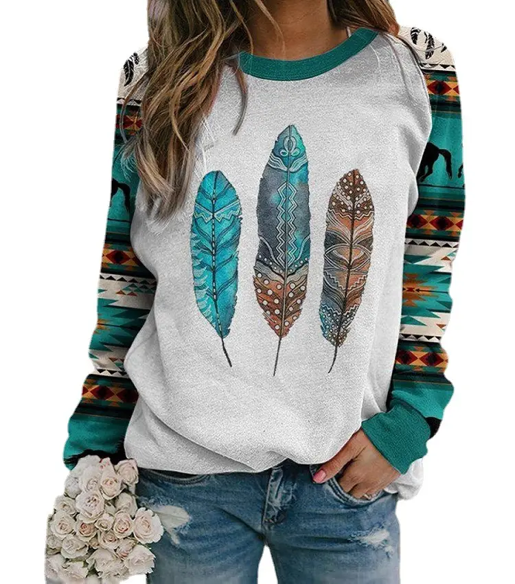Women Long Sleeve Feather Print Sweater Grey Teal