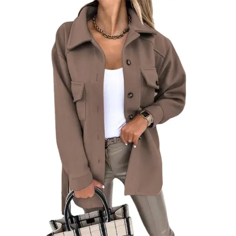 Women Woolen Lapel Jacket Brown Long Sleeve Button Up - Image 9