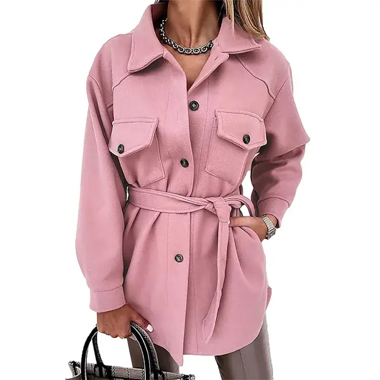 Women Woolen Lapel Jacket Brown Long Sleeve Button Up - Image 11