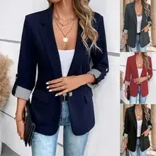 Women Woolen Lapel Jacket Brown Long Sleeve Button Up — feature 31