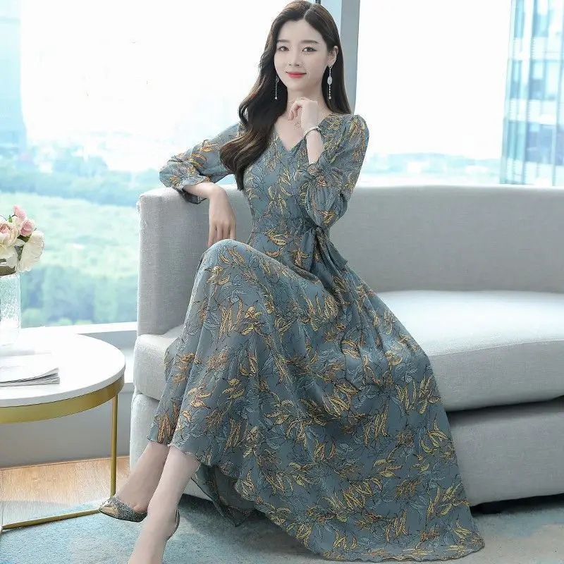 2021 New Autumn Printed V Neck A-Line Skirt Dress - Image 5
