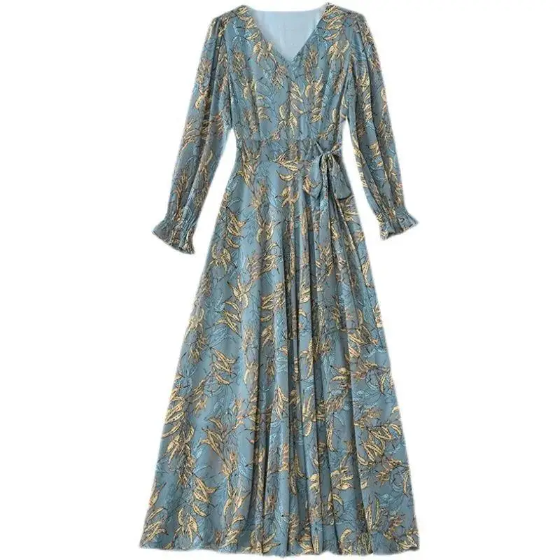 2021 New Autumn Printed V Neck A-Line Skirt Dress - Image 6