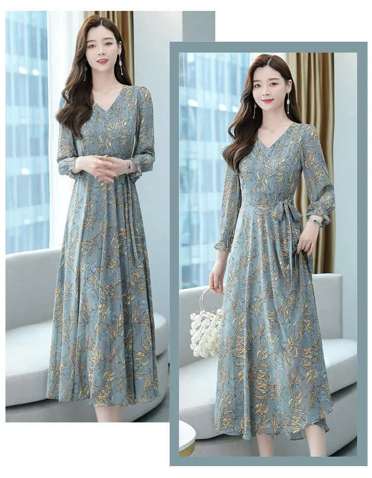 2021 New Autumn Printed V Neck A-Line Skirt Dress — feature 3