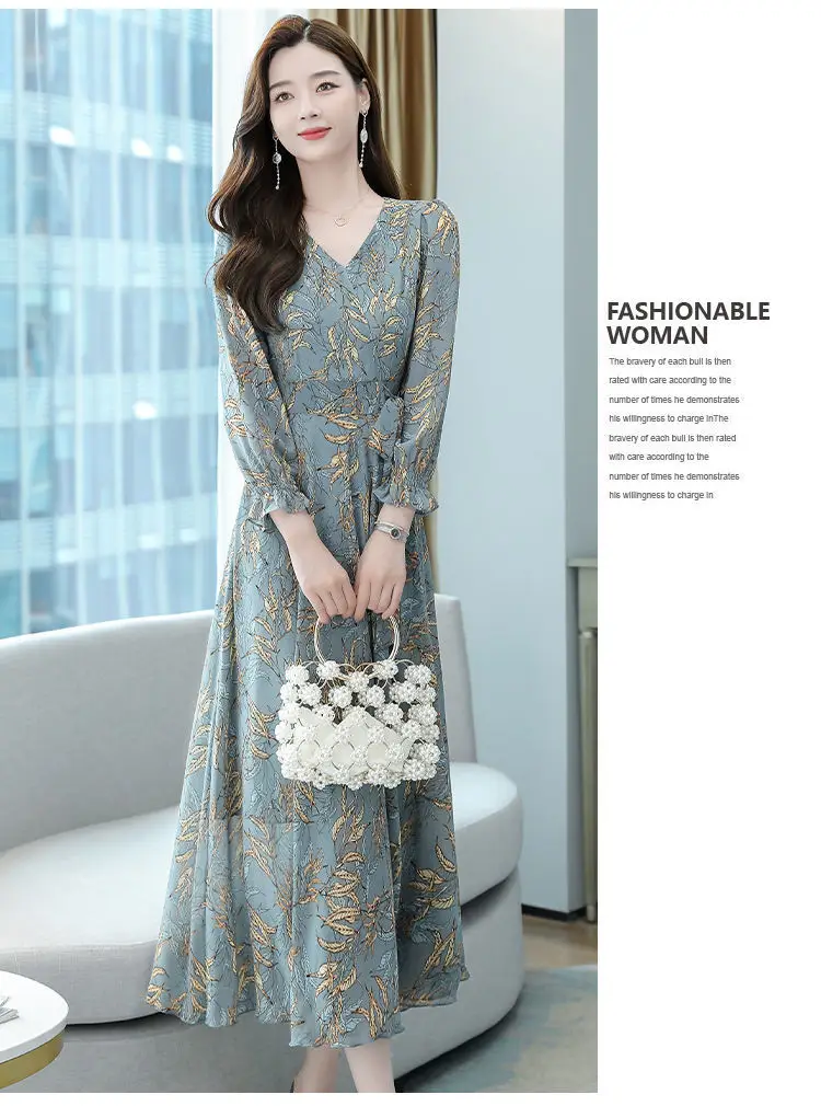 2021 New Autumn Printed V Neck A-Line Skirt Dress — feature 5