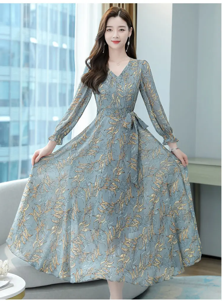 2021 New Autumn Printed V Neck A-Line Skirt Dress — feature 6