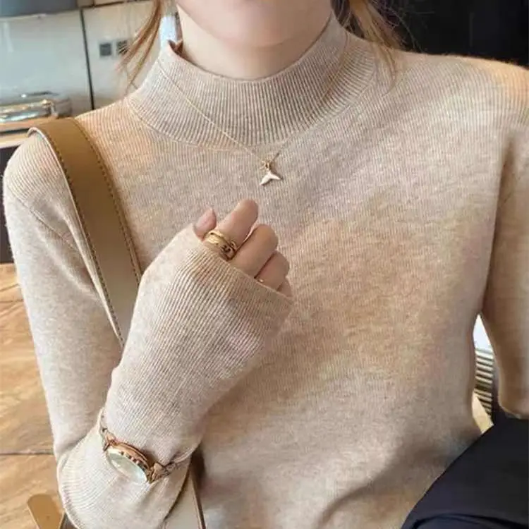 Women's Knit Half-Turtleneck Shirt with Gold Chain - Image 8