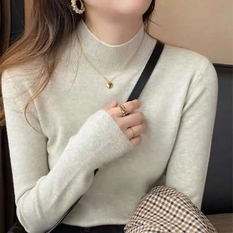 Women's Knit Half-Turtleneck Shirt with Gold Chain - Image 9