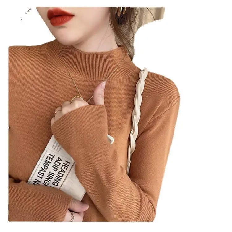Women's Knit Half-Turtleneck Shirt with Gold Chain - Image 11