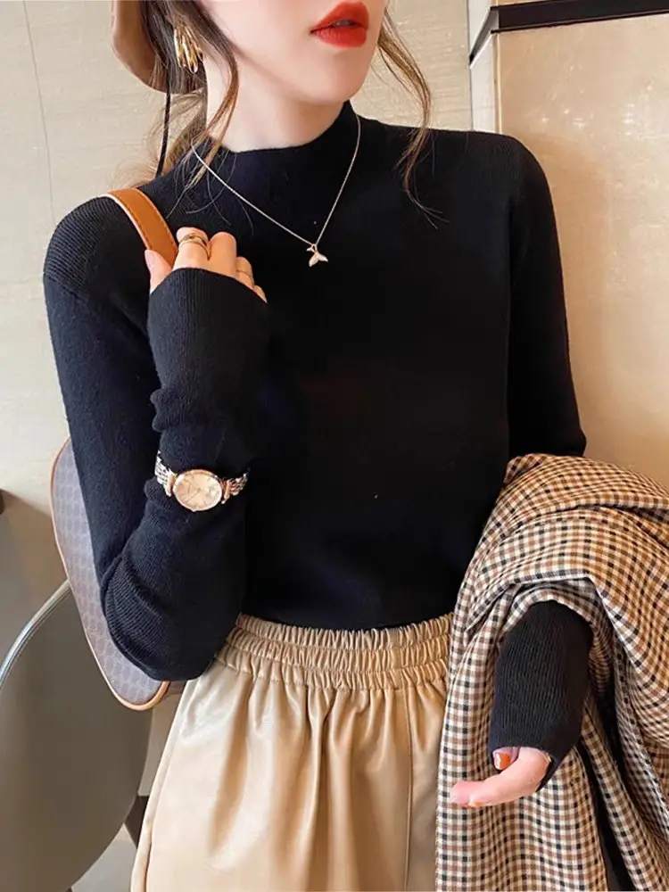 Women's Knit Half-Turtleneck Shirt with Gold Chain - Image 2