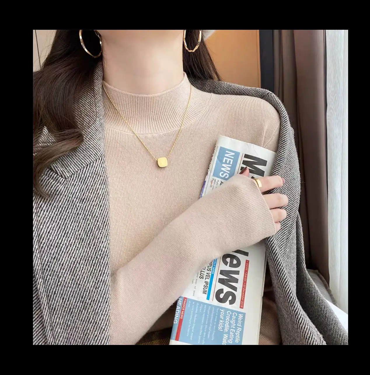 Women's Knit Half-Turtleneck Shirt with Gold Chain - Image 3