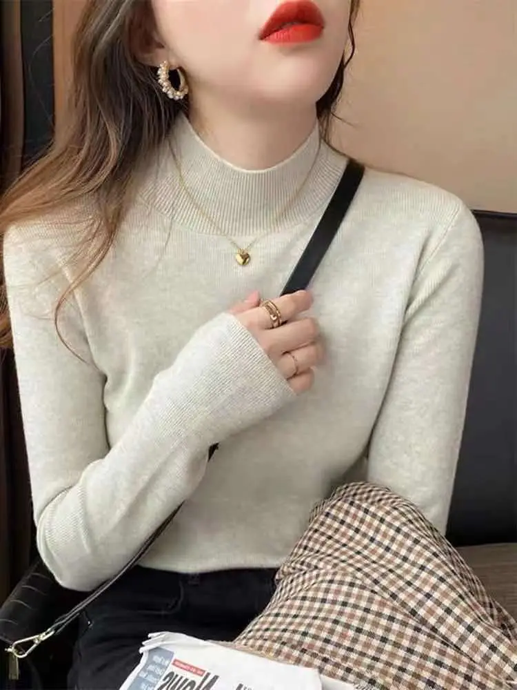 Women's Knit Half-Turtleneck Shirt with Gold Chain - Image 4