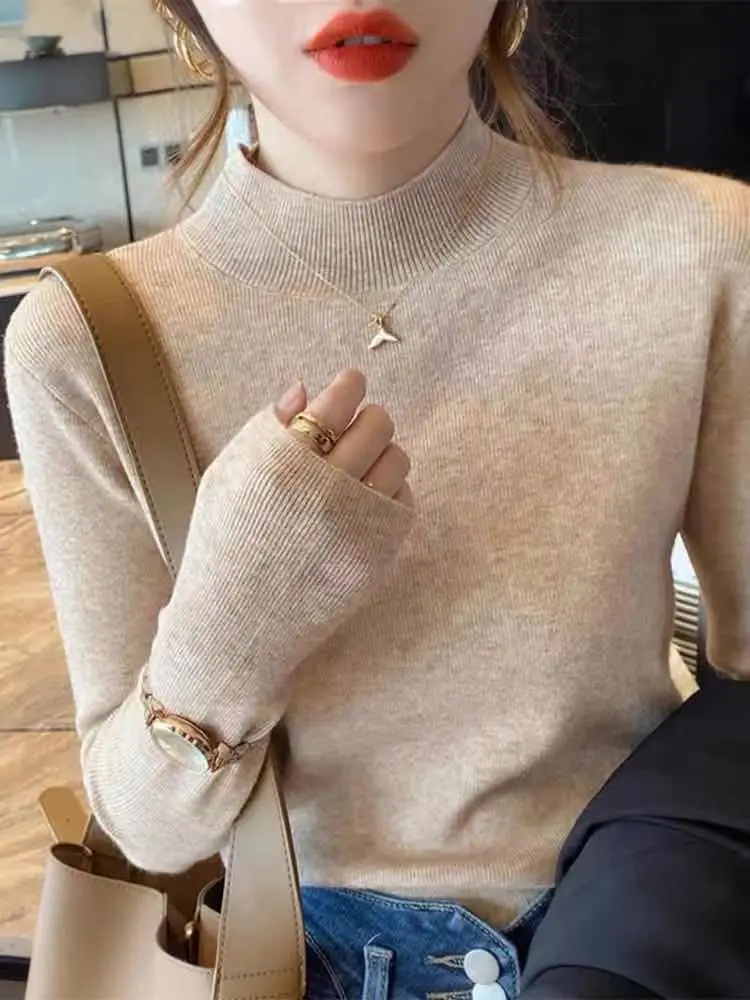 Women's Knit Half-Turtleneck Shirt with Gold Chain - Image 5
