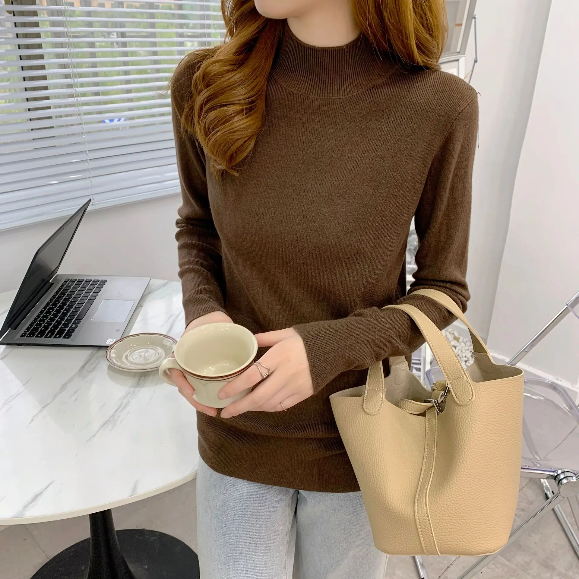 Women's Knit Half-Turtleneck Shirt with Gold Chain - Image 6