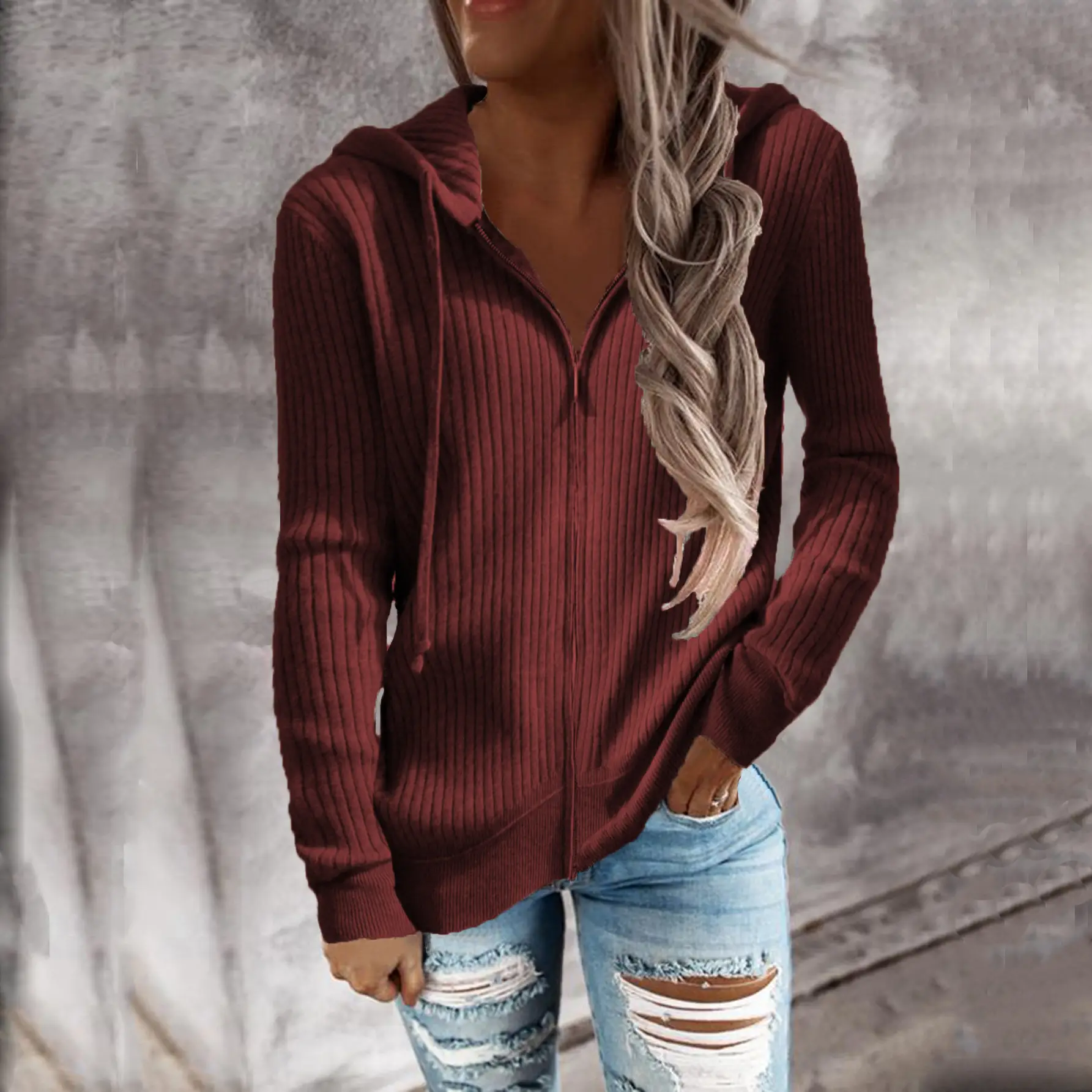 Women Long Sleeve Striped Hooded Cardigan Sweater