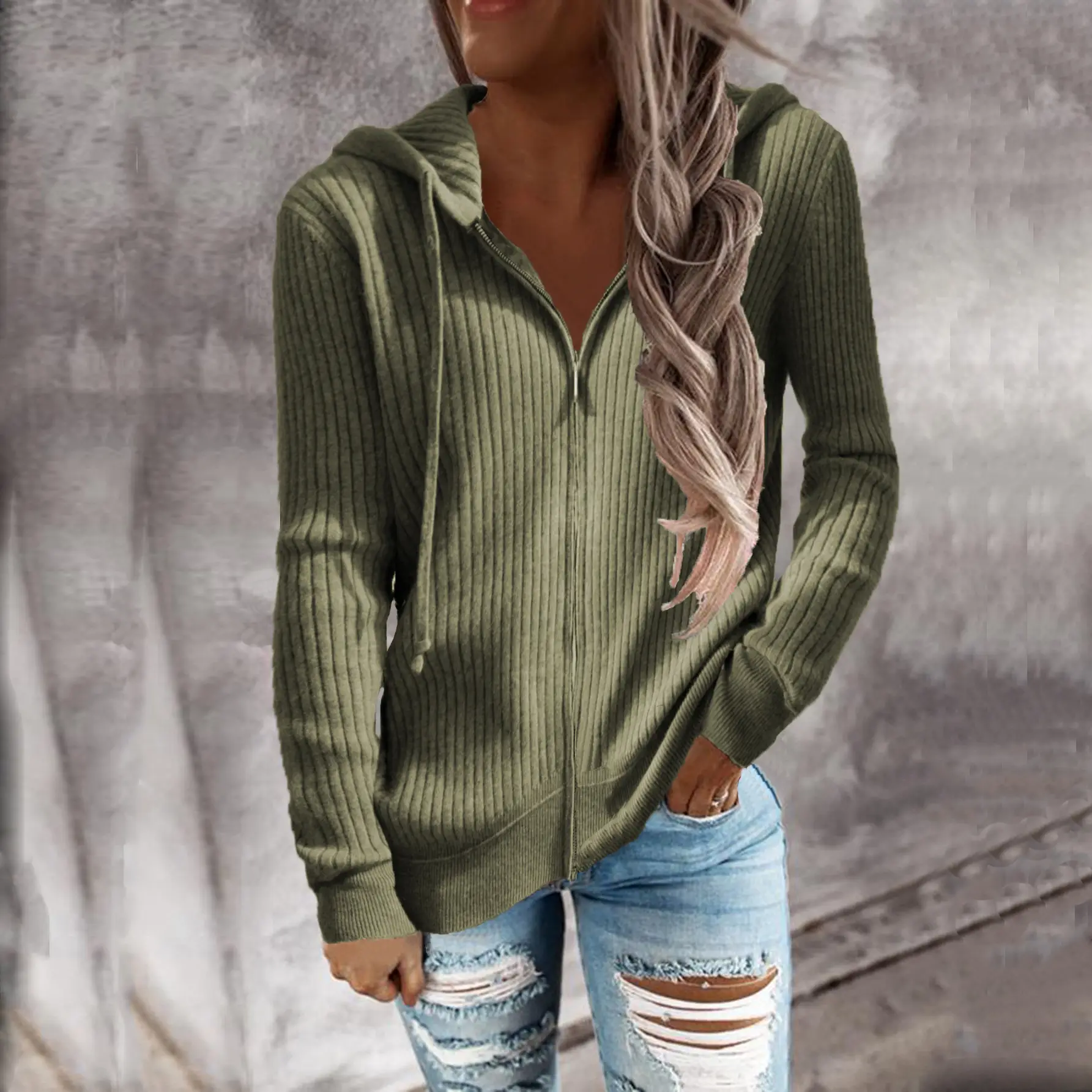 Women Long Sleeve Striped Hooded Cardigan Sweater