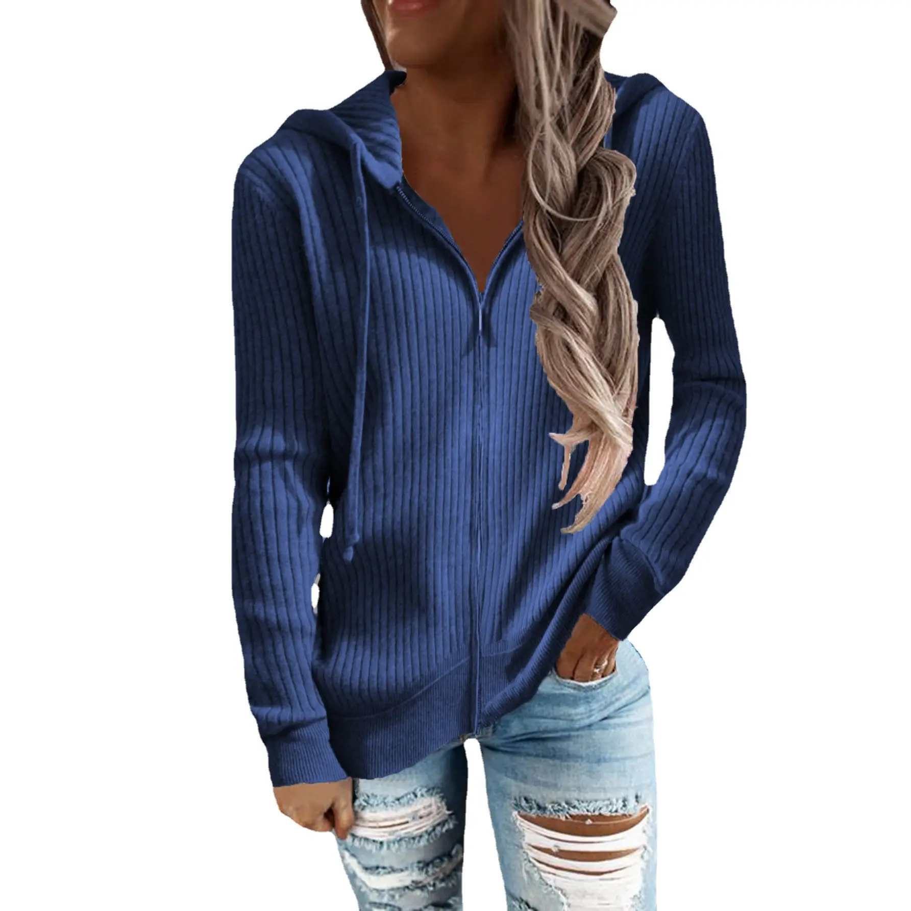 Women Long Sleeve Striped Hooded Cardigan Sweater