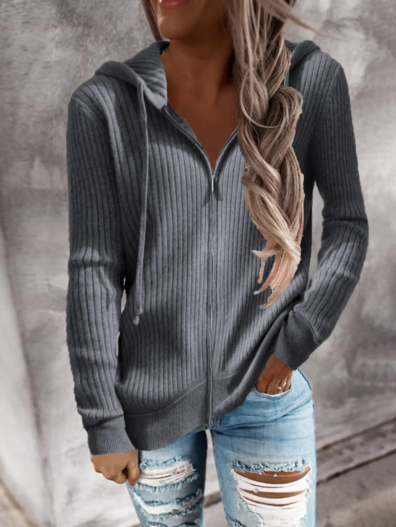 Women Long Sleeve Striped Hooded Cardigan Sweater