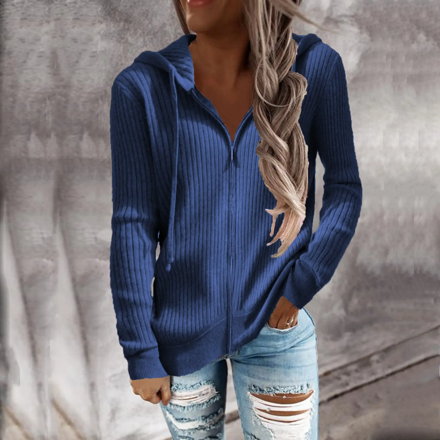 Women Long Sleeve Striped Hooded Cardigan Sweater