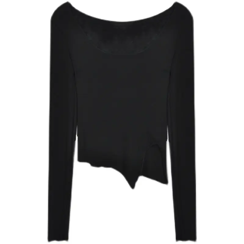 Women Black Long Sleeve Crop Top with Belt
