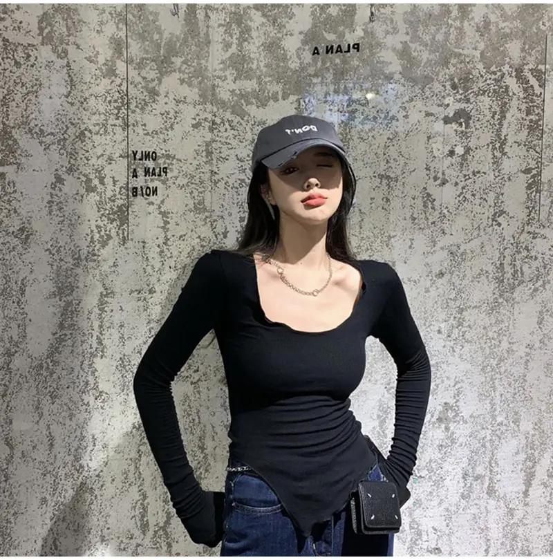 Women Black Long Sleeve Crop Top with Belt — feature 10