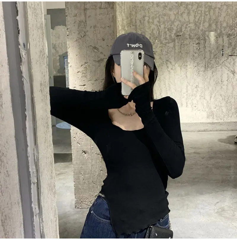 Women Black Long Sleeve Crop Top with Belt — feature 11