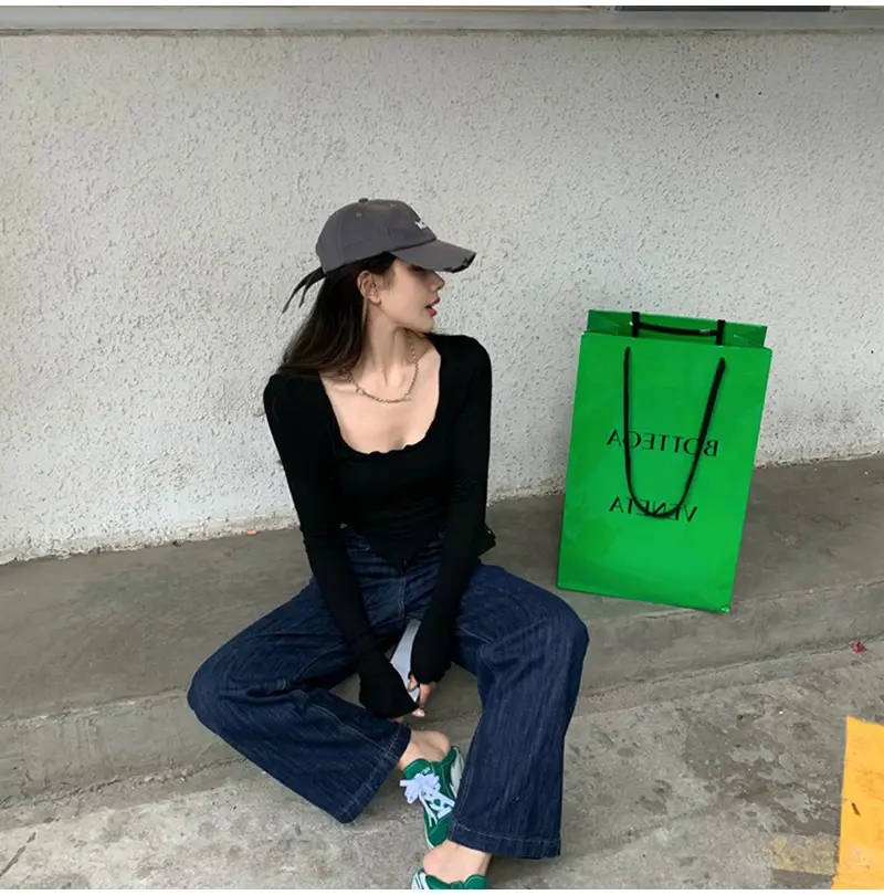 Women Black Long Sleeve Crop Top with Belt — feature 15