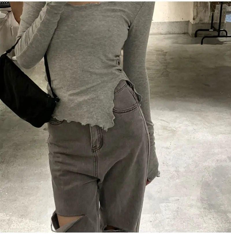 Women Black Long Sleeve Crop Top with Belt — feature 6