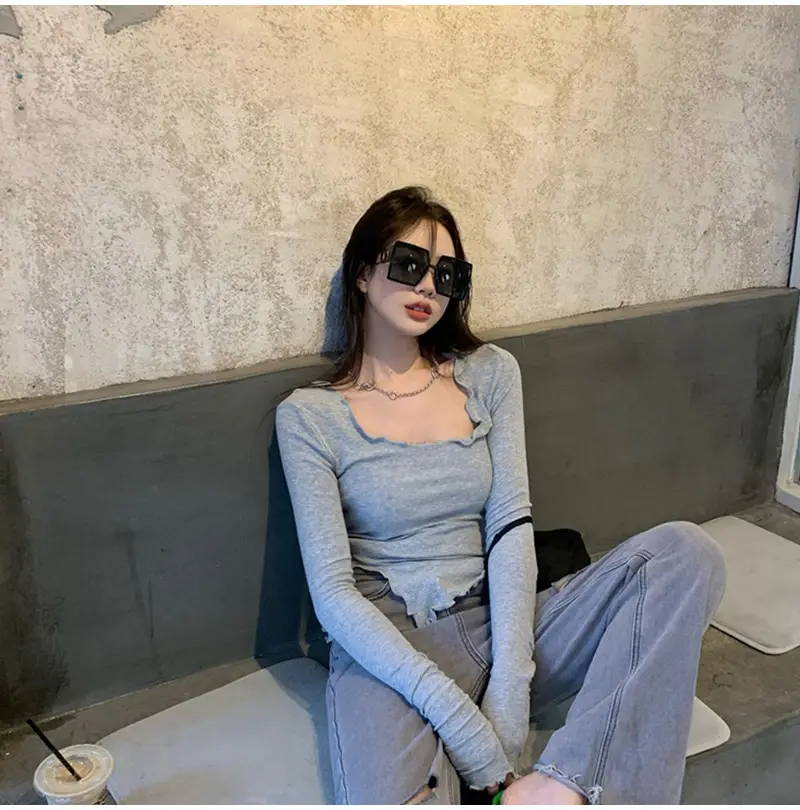 Women Black Long Sleeve Crop Top with Belt — feature 7