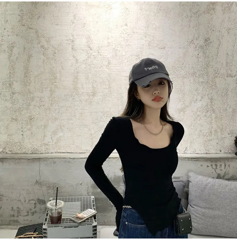 Women Black Long Sleeve Crop Top with Belt — feature 9